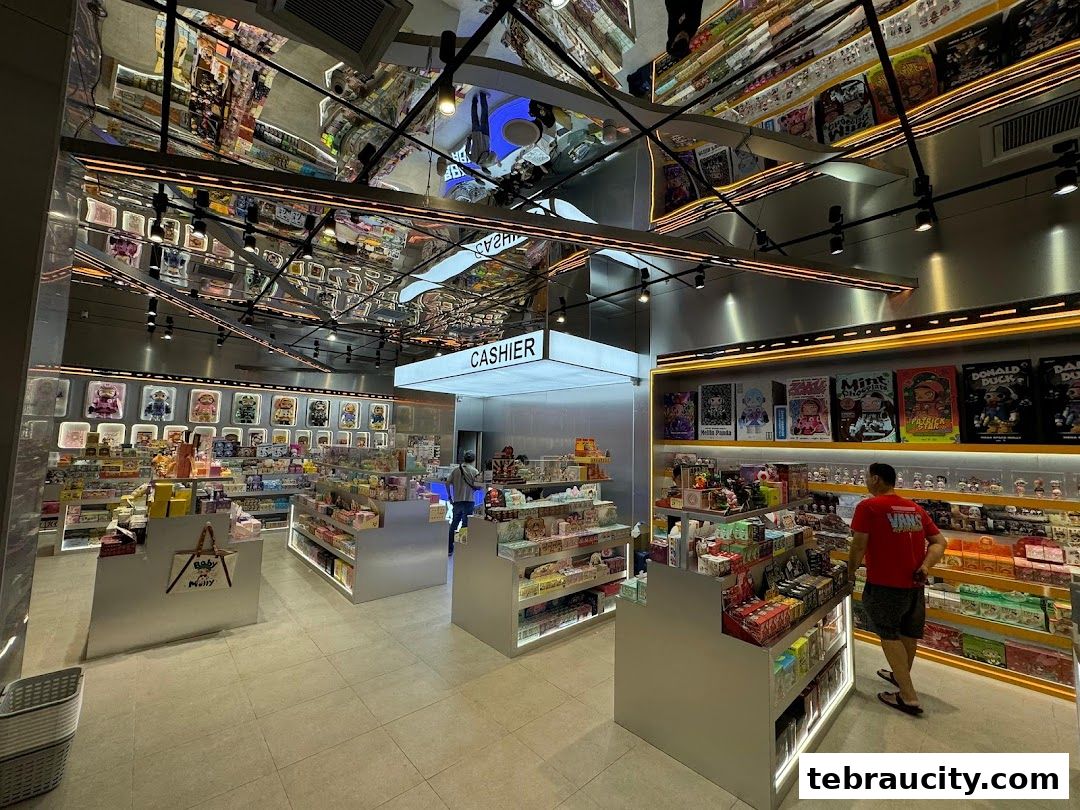 Interior view of a retail shop filled with collectible toys and merchandise, with a cashier counter visible.