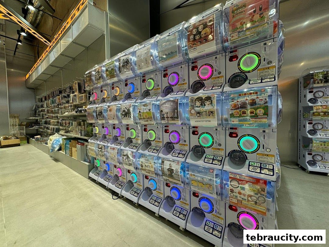 A shop interior filled with rows of gachapon capsule toy vending machines.
