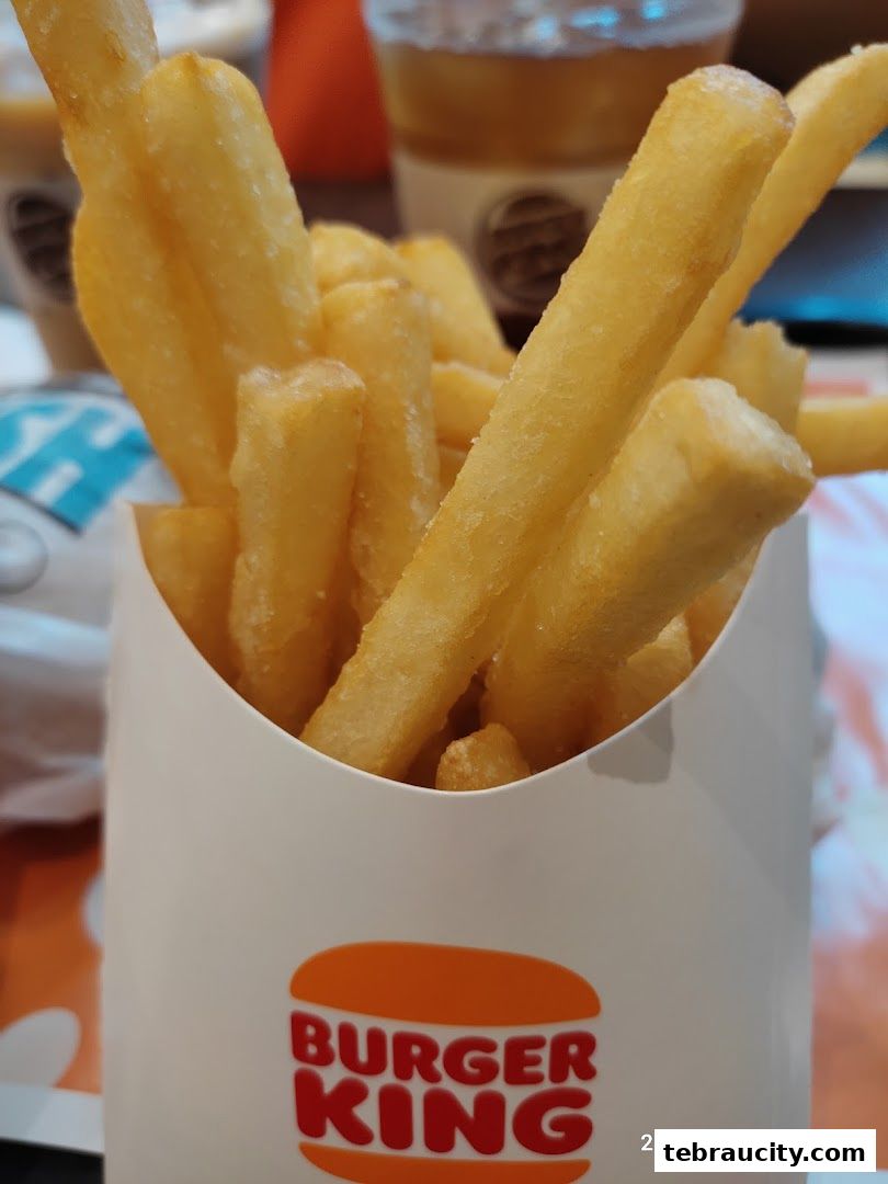 A close-up shot of a container of golden french fries with the Burger King logo visible.