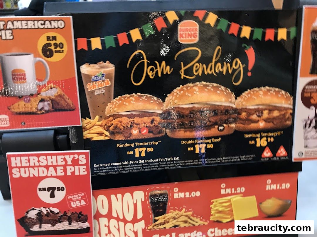 Burger King menu featuring Rendang burgers, Hershey's Sundae Pie, and Americano Pie.