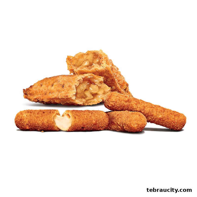A close-up shot of crispy fried apple pies and cheesy mozzarella sticks.
