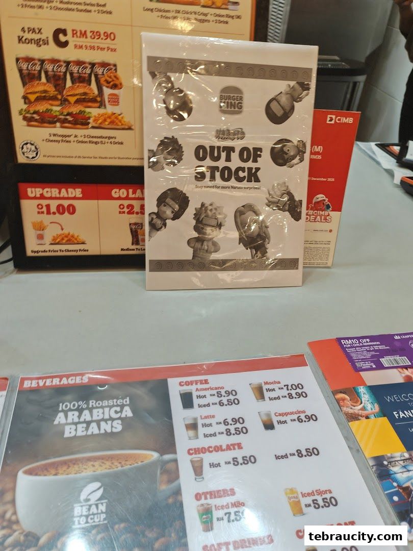 A Burger King menu board with various food and drink options, and an 'Out of Stock' notice.