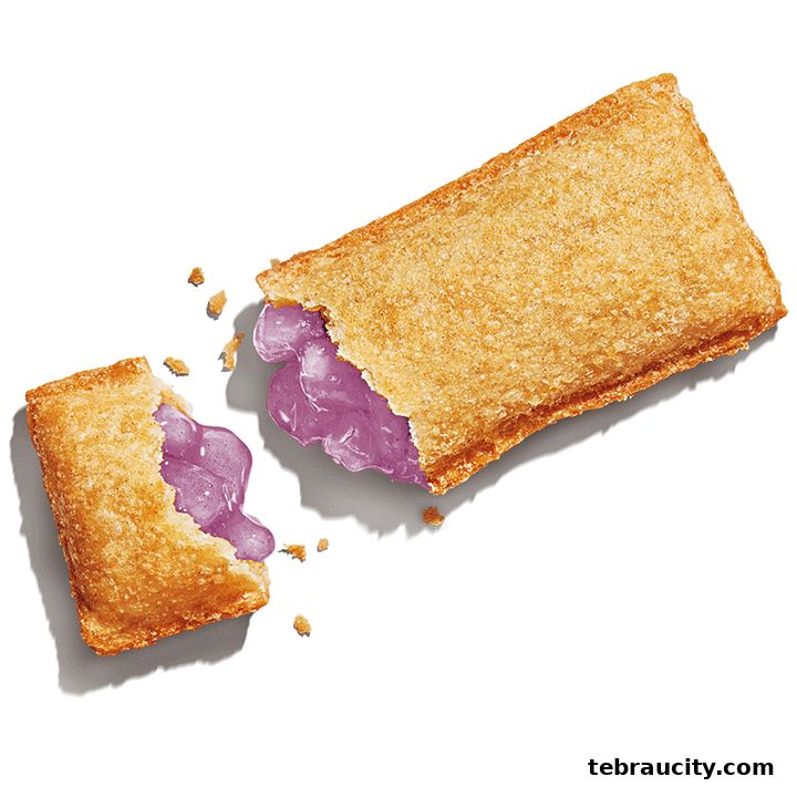A golden-brown pastry filled with purple cream, broken in half.