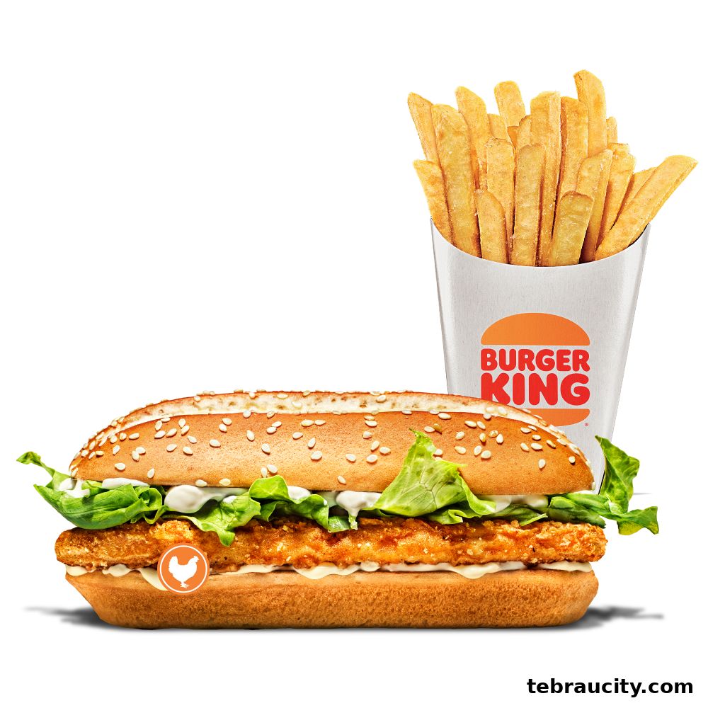 A long chicken sandwich with lettuce and sauce, served with a side of fries.
