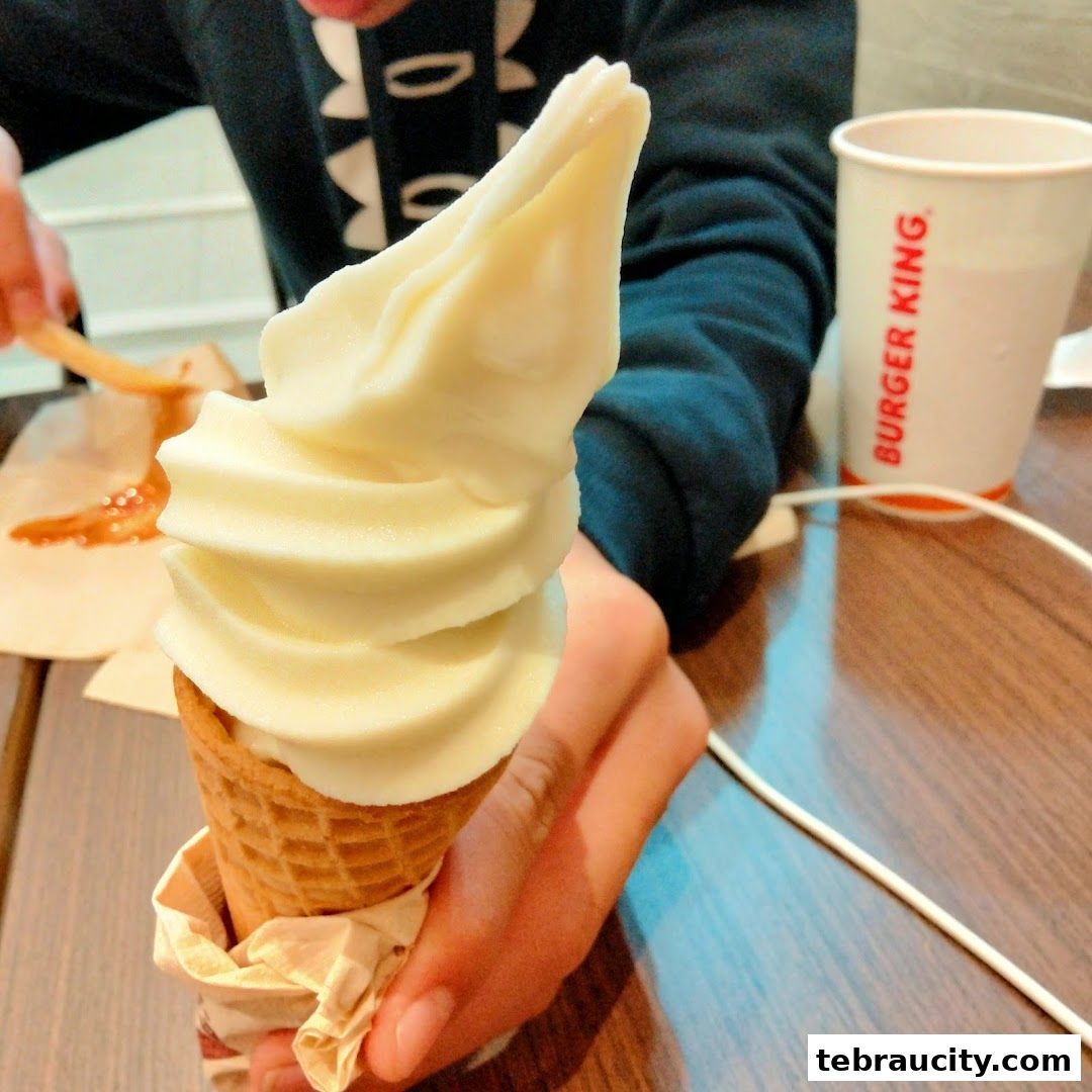 A person holds a soft-serve ice cream cone with a Burger King cup in the background.