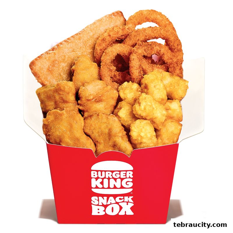 A red Burger King snack box filled with chicken nuggets, onion rings, and tater tots.