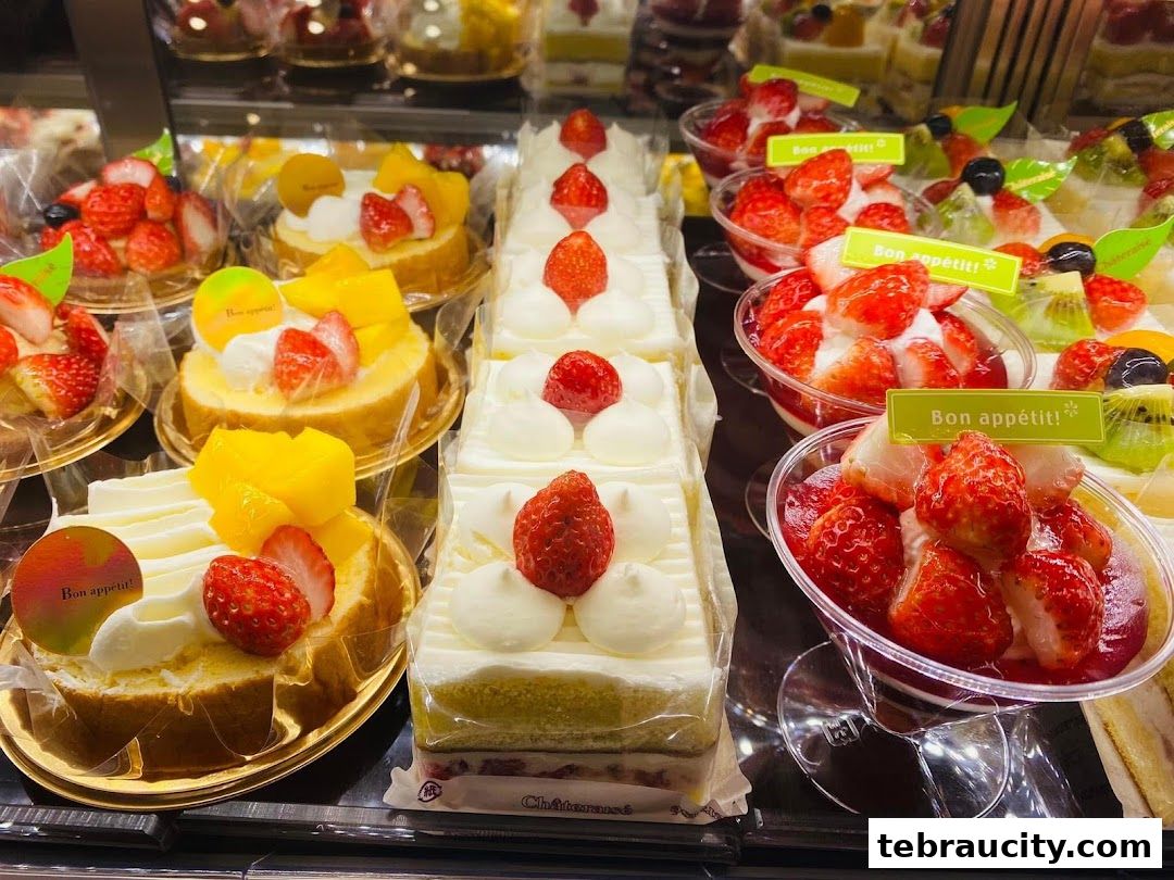 A display of various cakes and desserts, featuring fresh fruits like strawberries and mangoes.