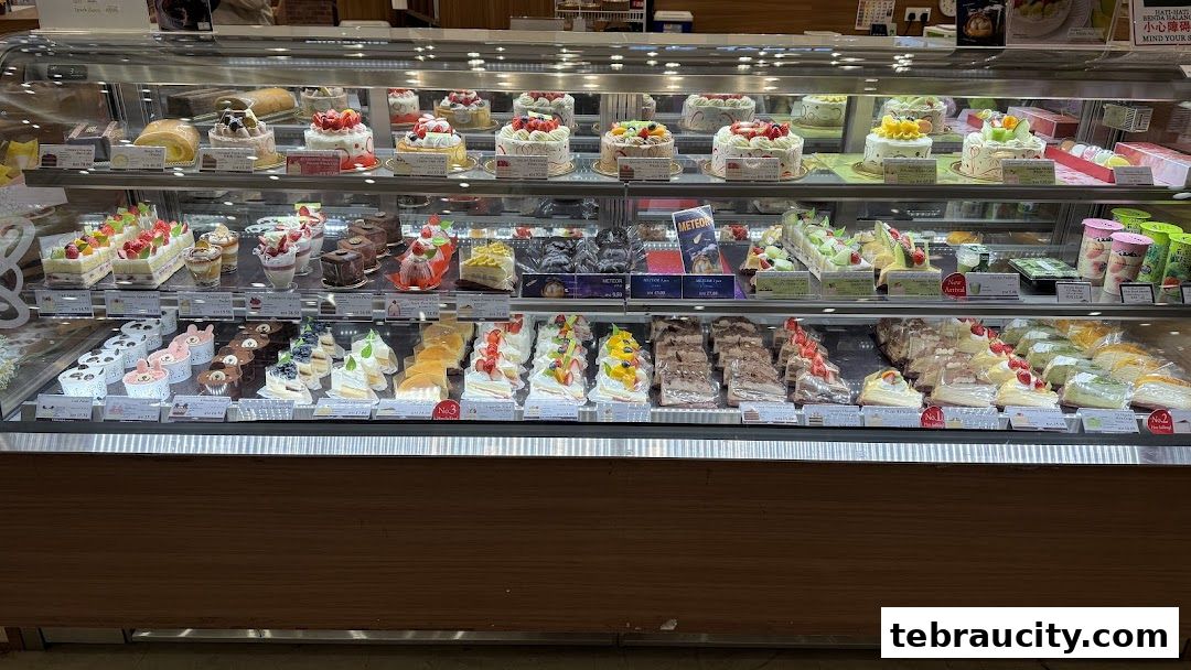 A display case filled with a variety of beautifully decorated cakes and desserts.