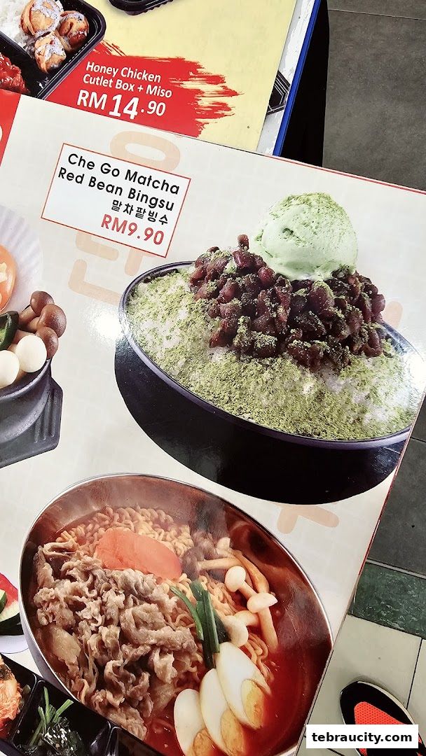 A menu featuring Korean dishes like Honey Chicken Cutlet Box and Matcha Red Bean Bingsu.