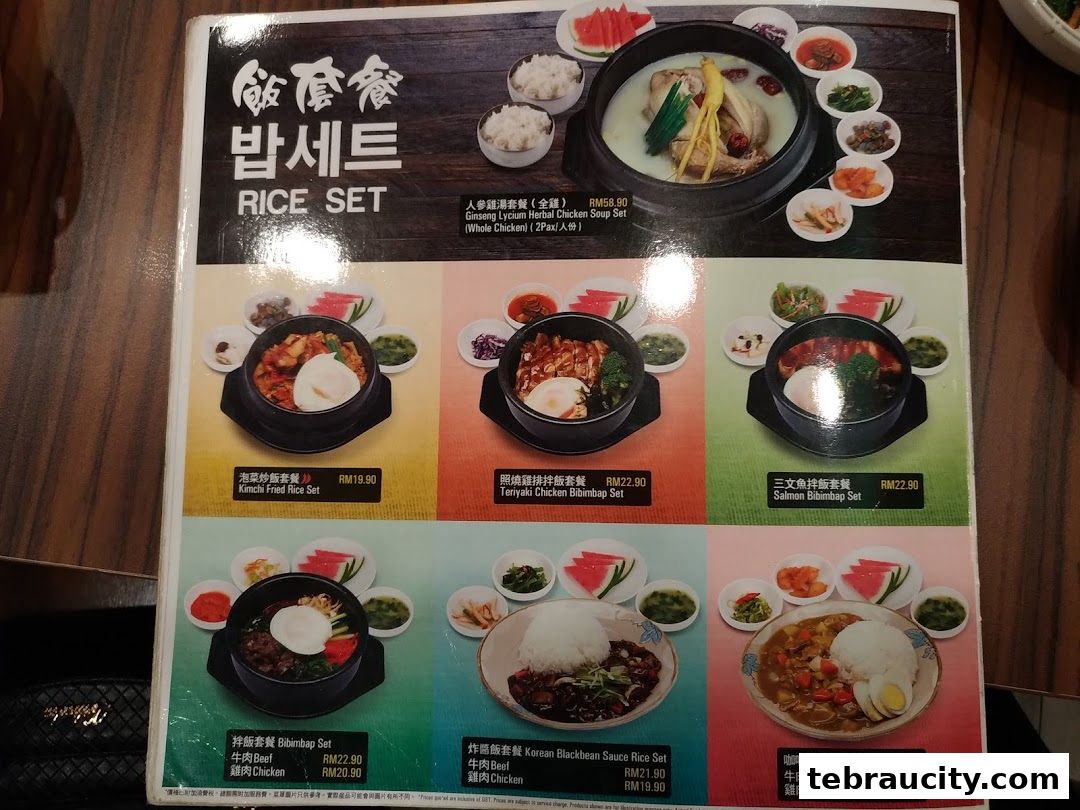 A menu showcasing various Korean rice sets with appetizing food photography.