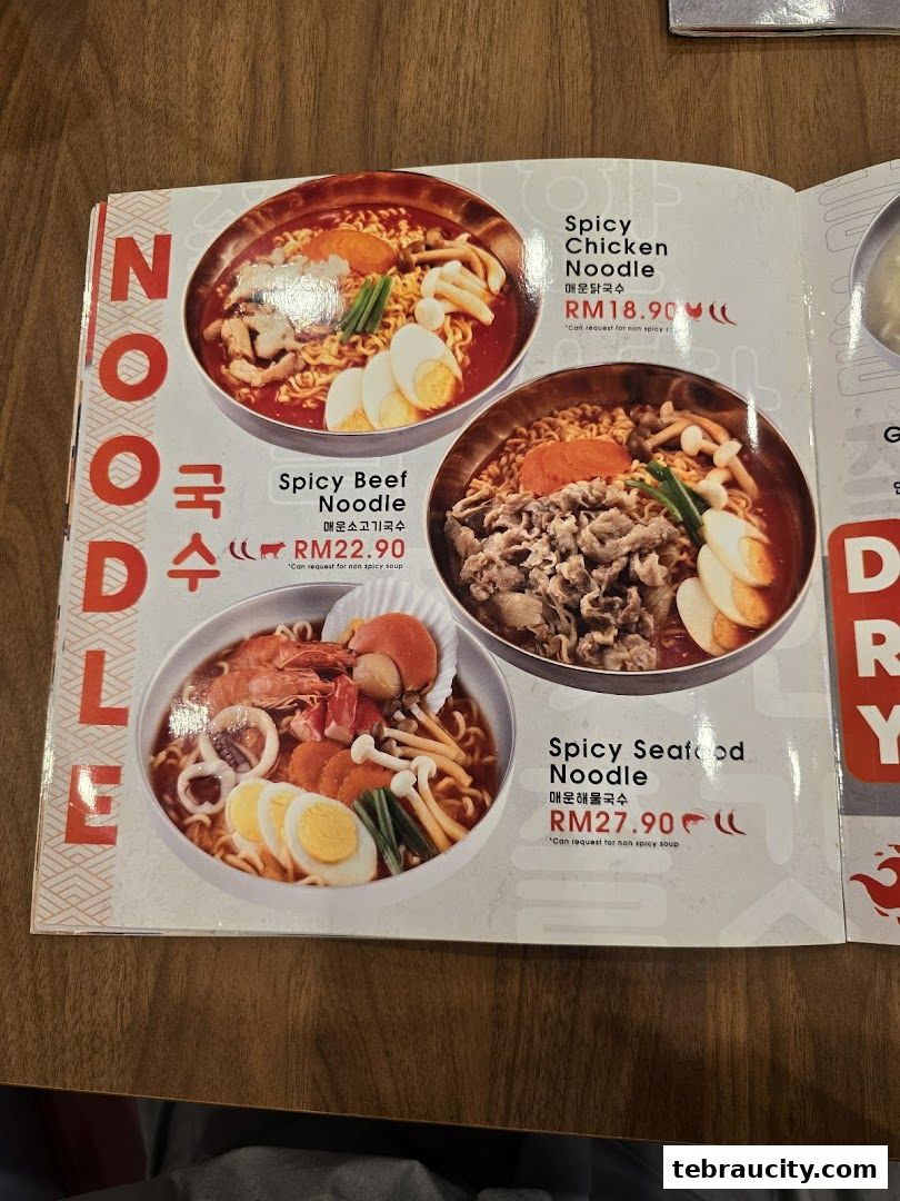 A menu page showcasing three types of Korean spicy noodles: chicken, beef, and seafood.