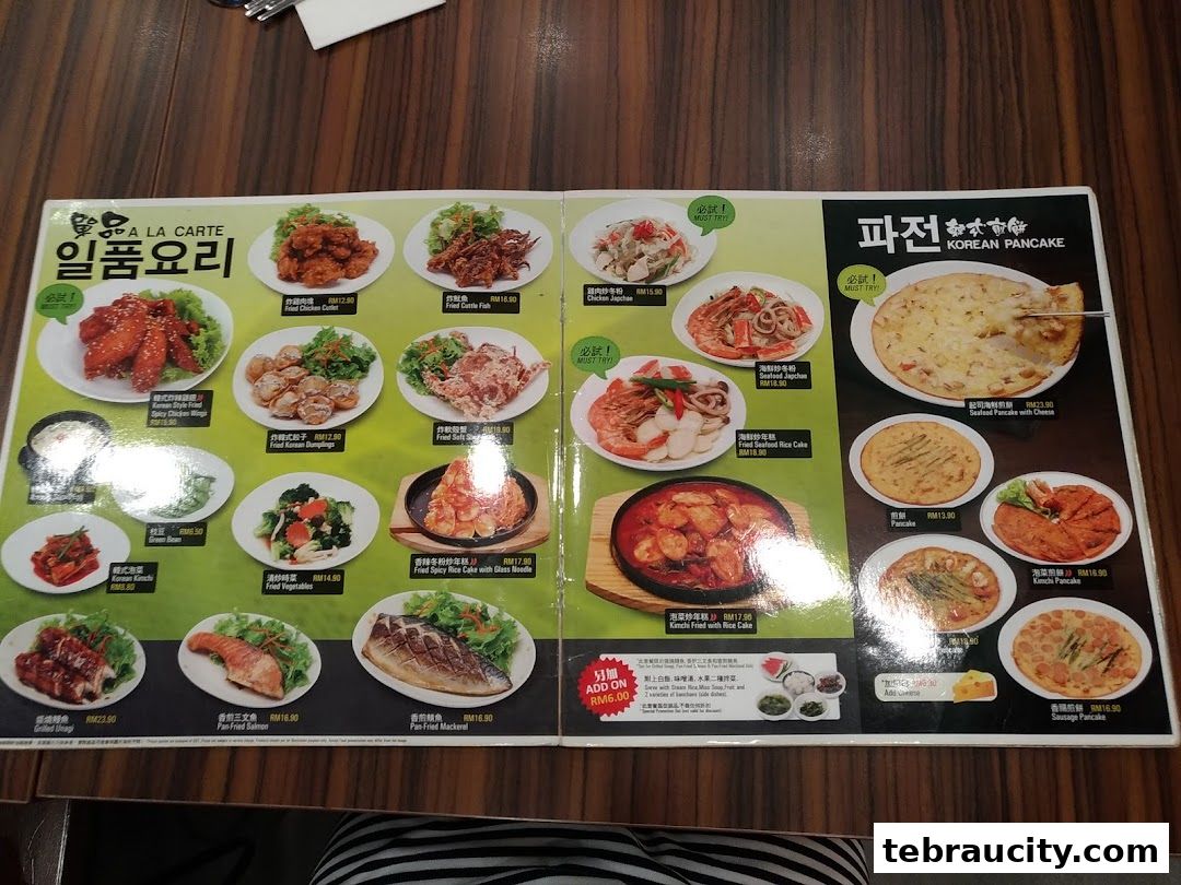 A menu from Chego Korean BBQ featuring various Korean dishes and pancakes.