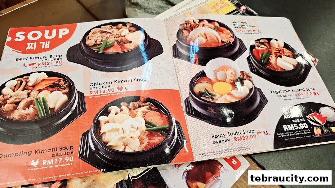 A menu showcasing various Korean kimchi soups with appetizing images and prices.