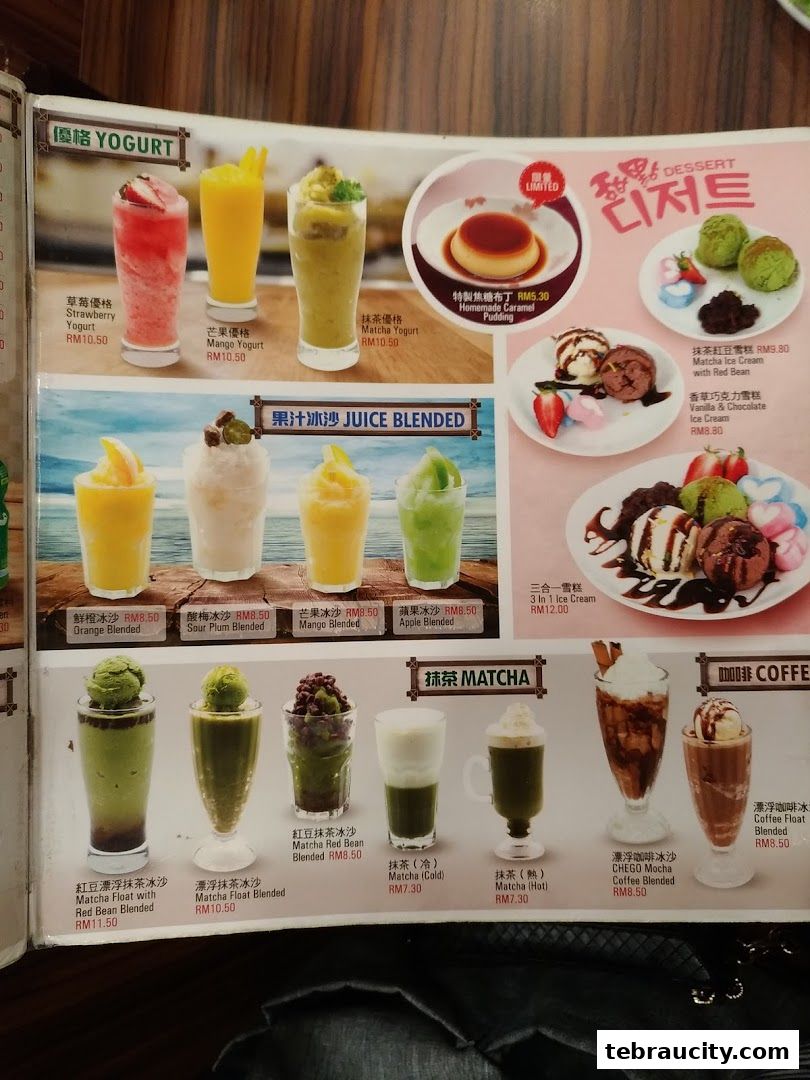 A menu featuring Korean desserts, yogurt drinks, juice blends, matcha drinks, and coffee beverages.