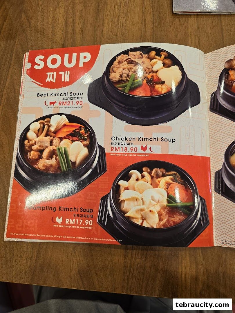 A menu page showcasing three different Korean Kimchi soups with prices and descriptions.