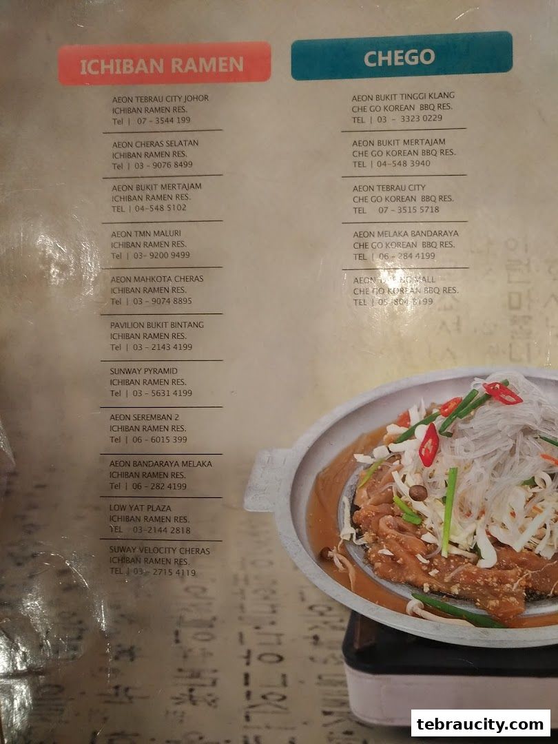 A menu listing locations for Ichiban Ramen and Chego Korean BBQ restaurants.