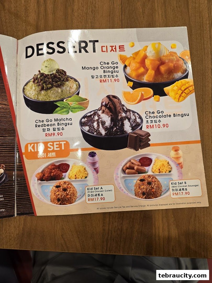 A menu page showcasing Korean desserts like Bingsu and Kid Sets.