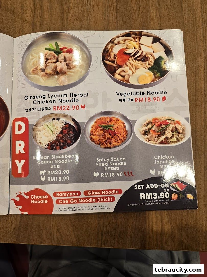A menu page from Chego Korean BBQ featuring various noodle dishes and a set add-on.