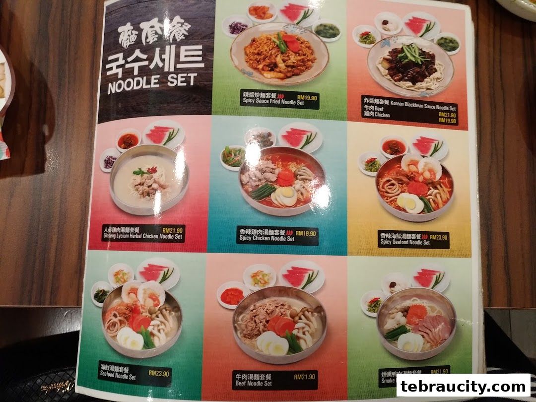 A menu showcasing various Korean noodle sets with appetizing images and prices.