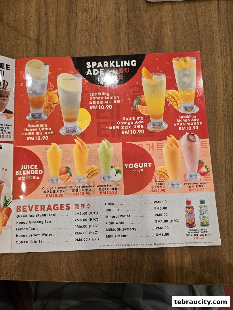 A menu featuring various sparkling ade, juice blended, yogurt, and beverage options with prices.