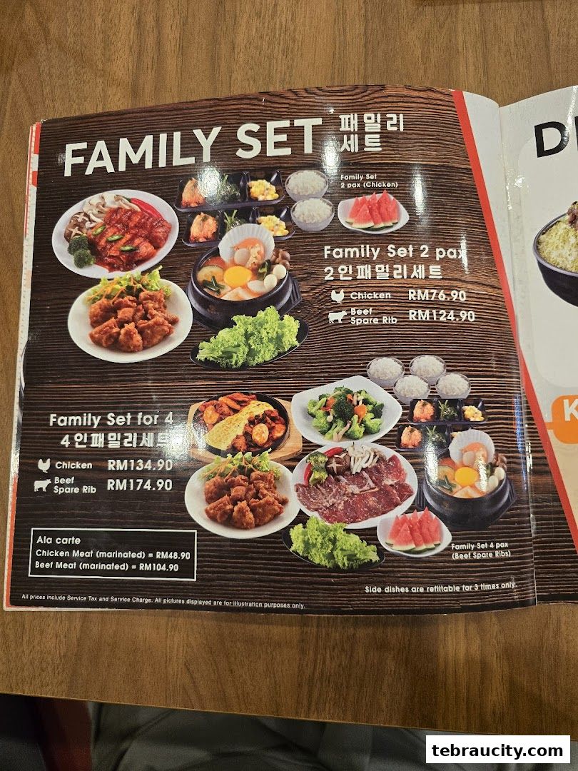A menu page showcasing Korean BBQ family sets with various meat options and side dishes.