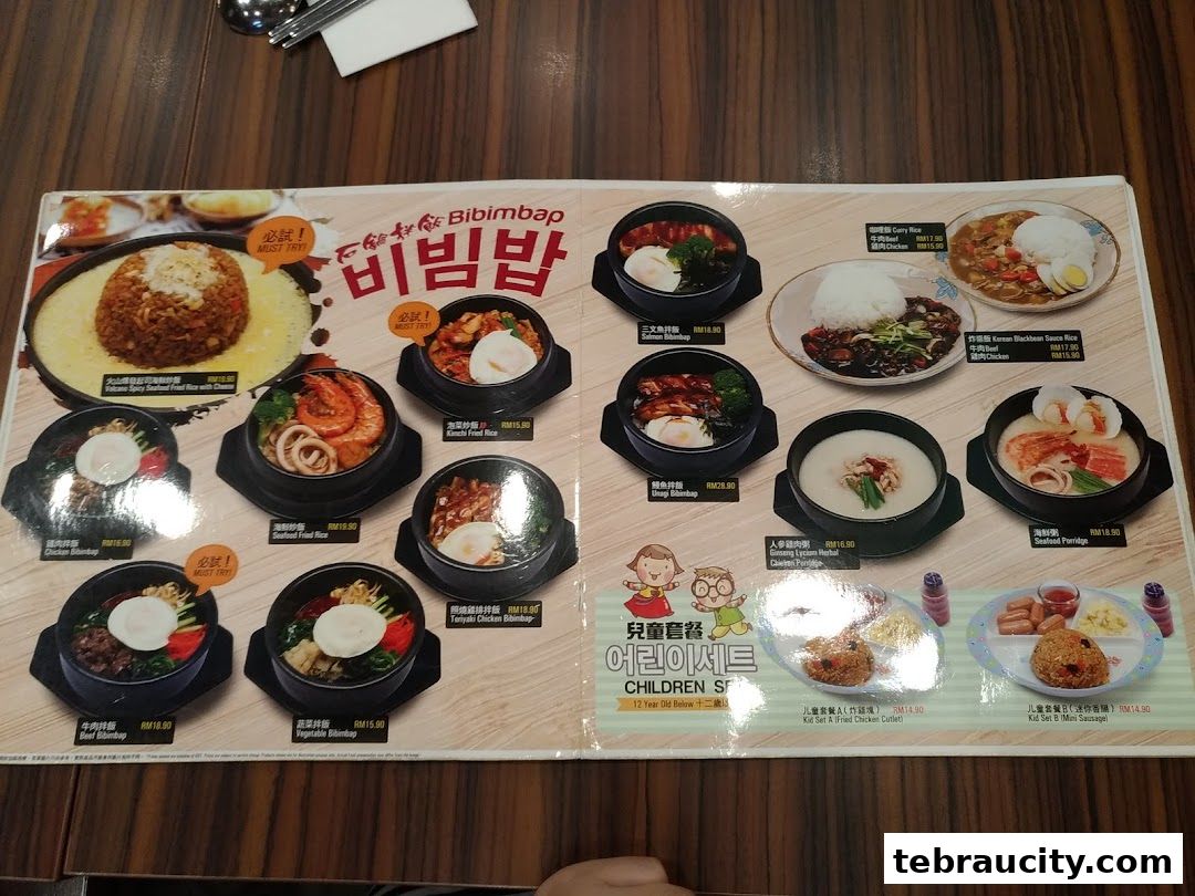 A menu showcasing various Korean Bibimbap dishes, porridges, and children's meals with prices.