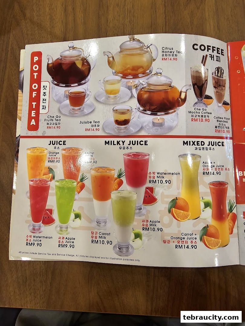 A menu page showcasing various Korean teas, juices, milky juices, and coffee drinks with prices.