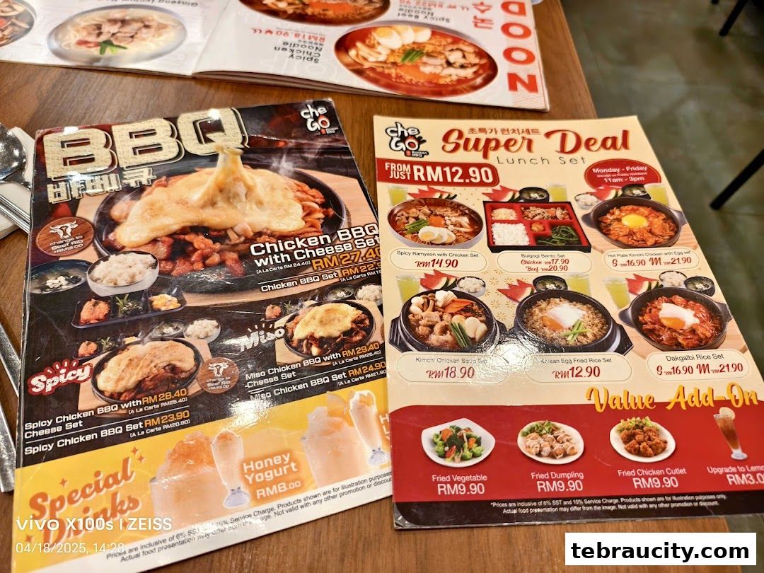 A menu from Chego Korean BBQ featuring various BBQ sets, lunch specials, and value add-ons.