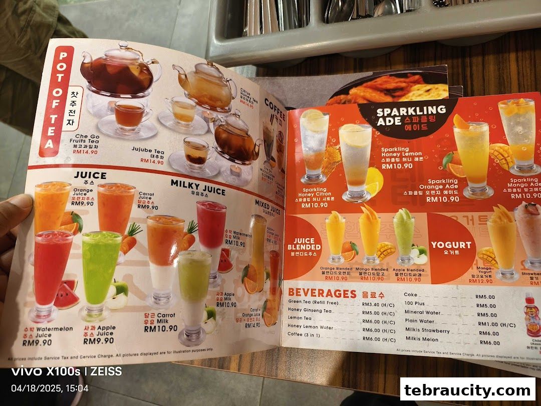 A menu showcasing various Korean beverages including teas, juices, milky drinks, and sparkling ades.