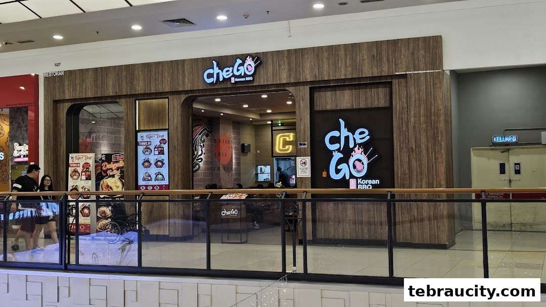 The exterior of Chego Korean BBQ restaurant with its prominent signage and inviting entrance.