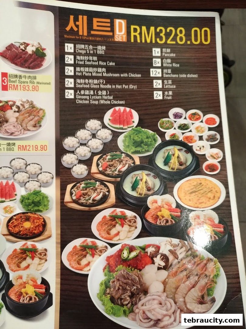 A menu for Chego Korean BBQ featuring Set D for 8-10 people priced at RM328.00.