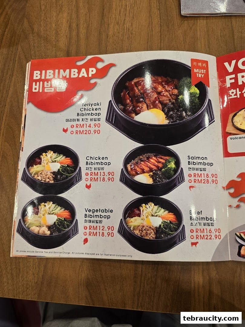 A menu page showcasing various Bibimbap dishes with images and prices.