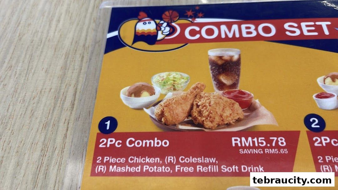 A menu display showing a 2 Piece Chicken Combo with sides and a drink.