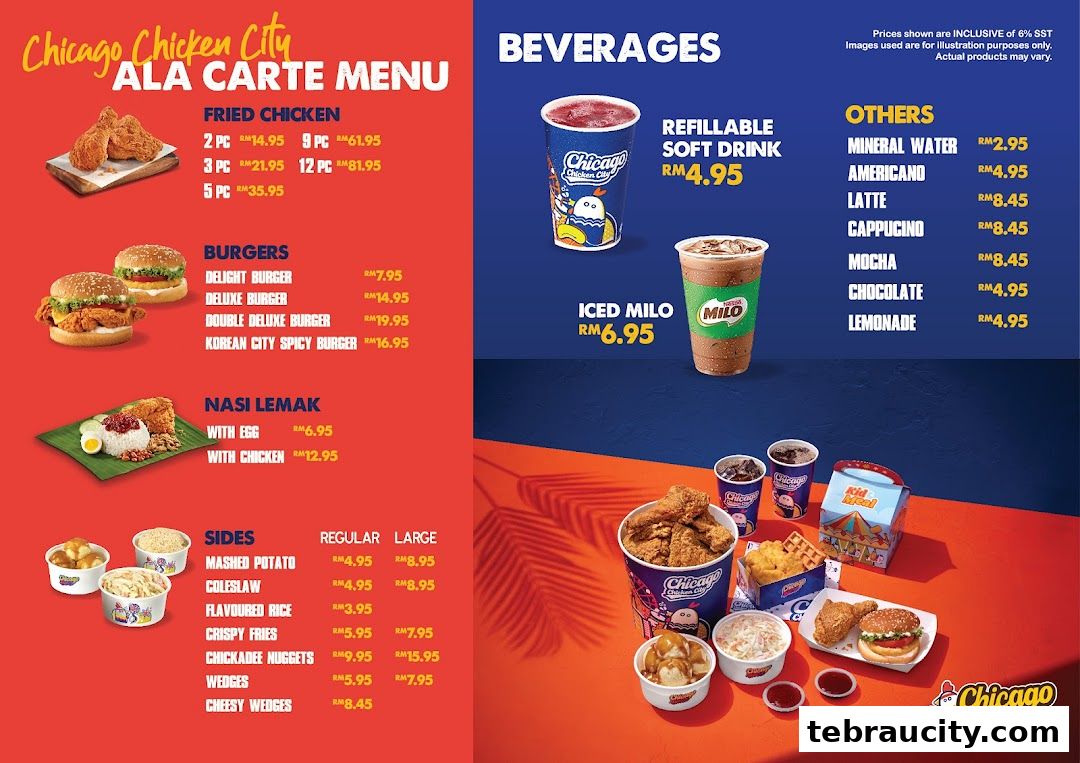 A menu for Chicago Chicken City featuring fried chicken, burgers, nasi lemak, sides, and beverages.