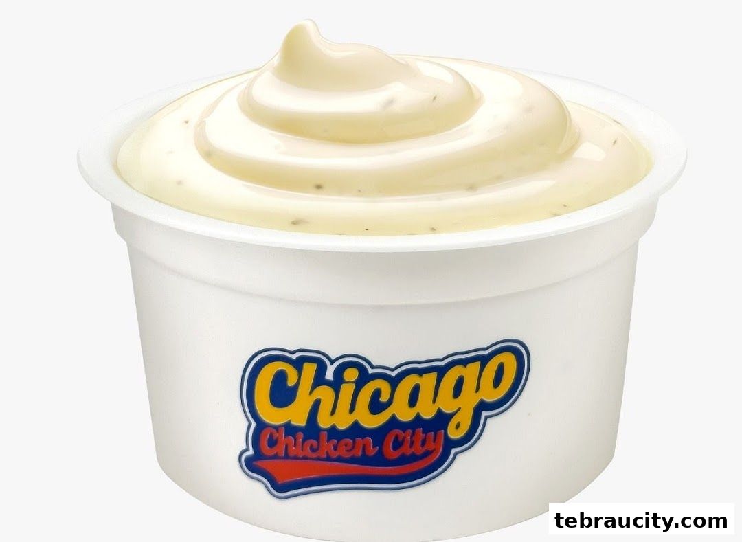 A cup of creamy sauce with specks of seasoning, branded with Chicago Chicken City logo.
