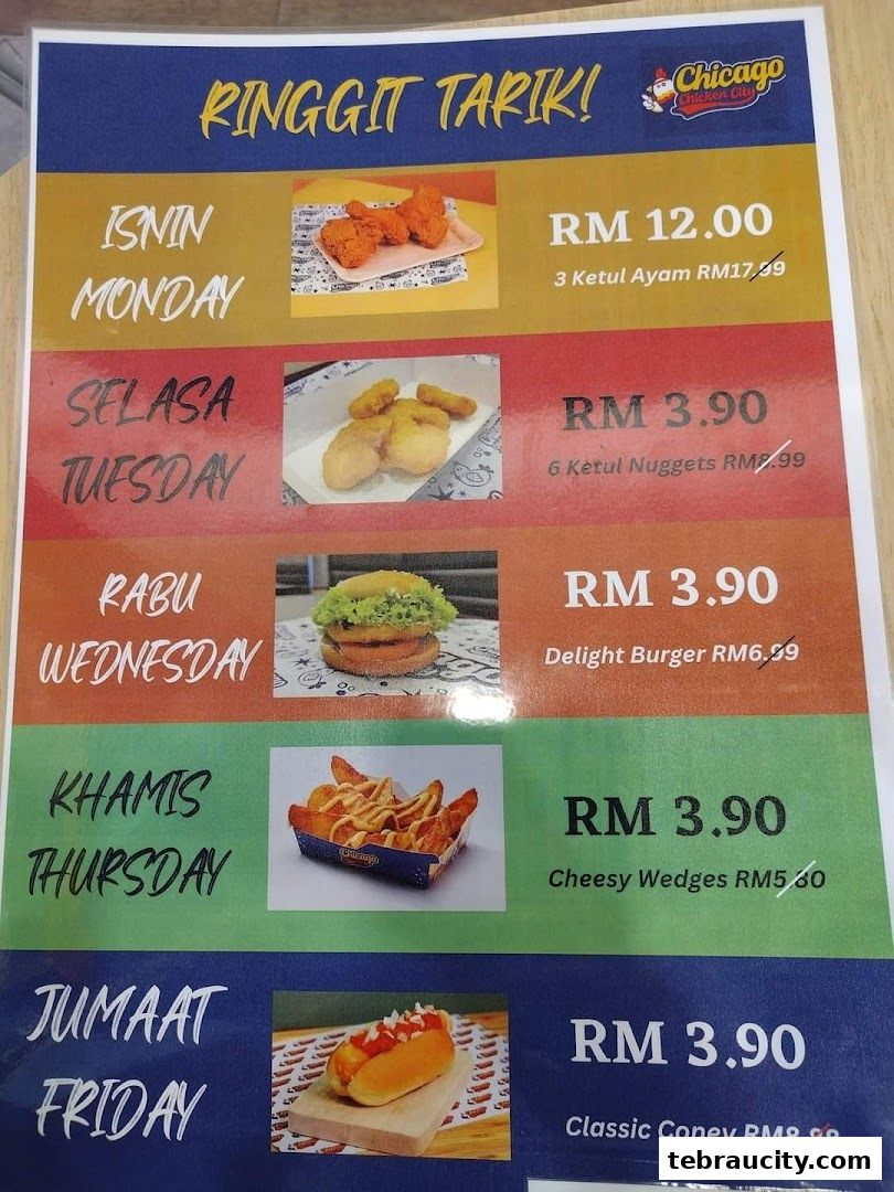 A menu from Chicago Chicken City featuring daily deals on fried chicken, nuggets, burgers, wedges, and hot dogs.