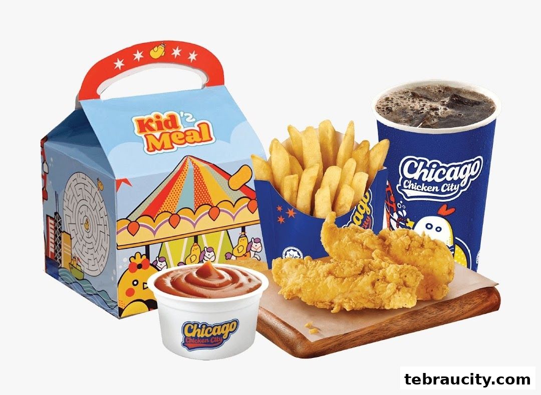 A Chicago Chicken City Kid's Meal featuring fried chicken, fries, a drink, and dipping sauce.
