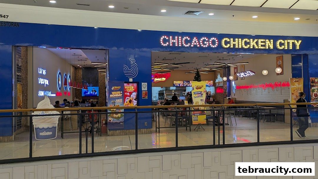 The exterior of Chicago Chicken City, a fast-food restaurant with bright signage and indoor seating.