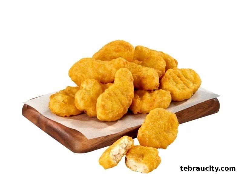 A pile of golden-brown chicken nuggets on a wooden board with white paper.