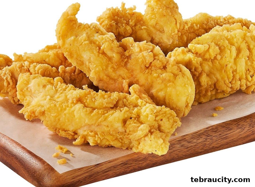 A close-up shot of crispy, golden-brown chicken tenders on a wooden board.