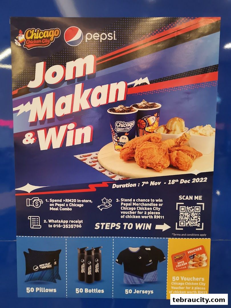 A promotional poster for Chicago Chicken City's 'Jom Makan & Win' campaign with Pepsi.