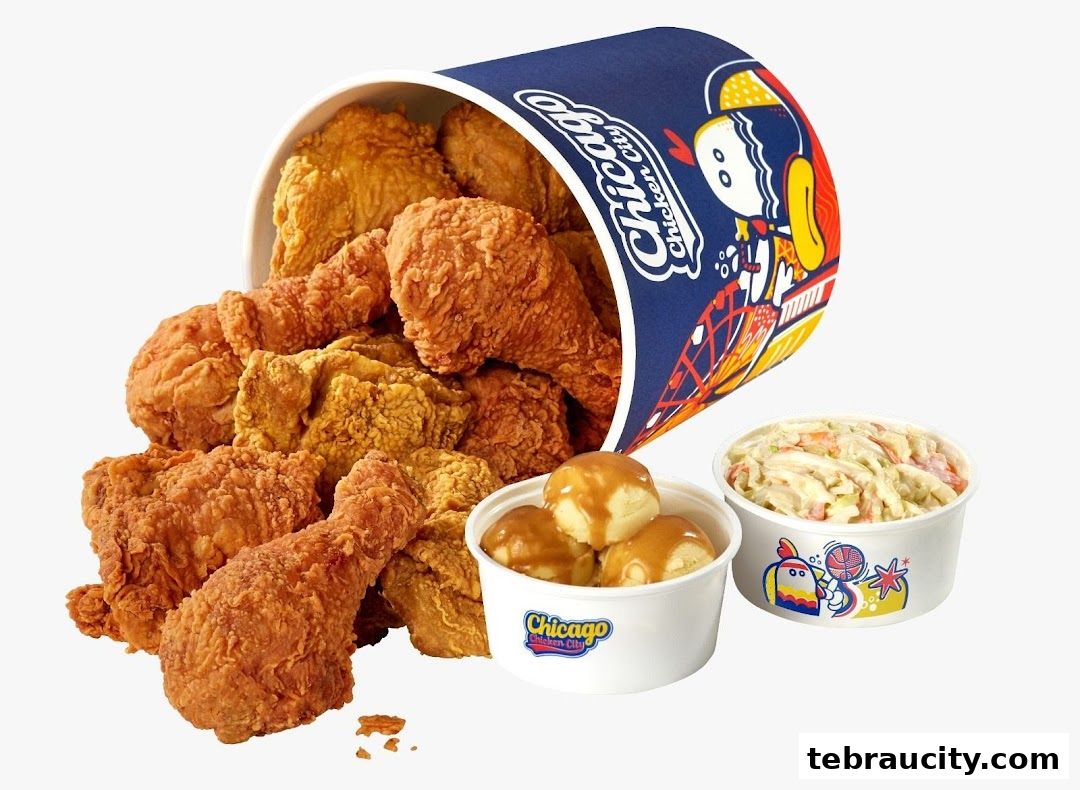 A bucket of fried chicken spilling out with sides of mashed potatoes and coleslaw.
