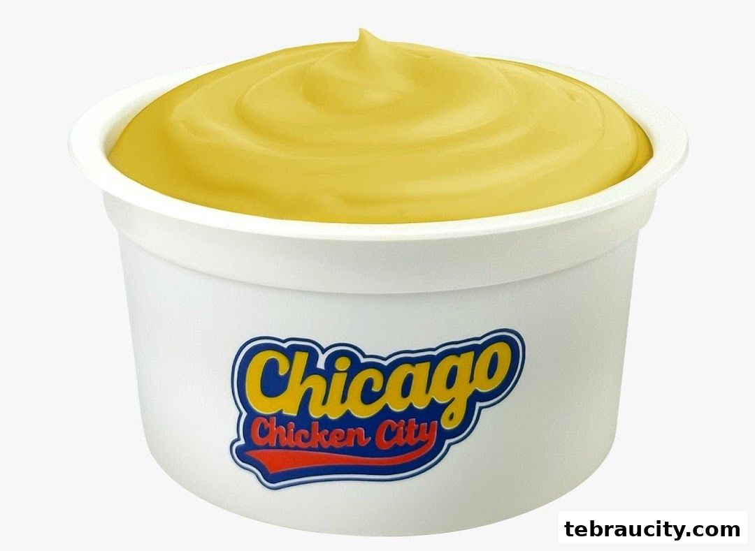 A white container filled with creamy yellow sauce, branded with Chicago Chicken City.