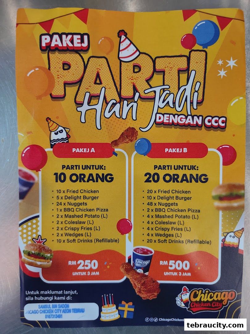 A menu for Chicago Chicken City's party packages, featuring food items and prices.
