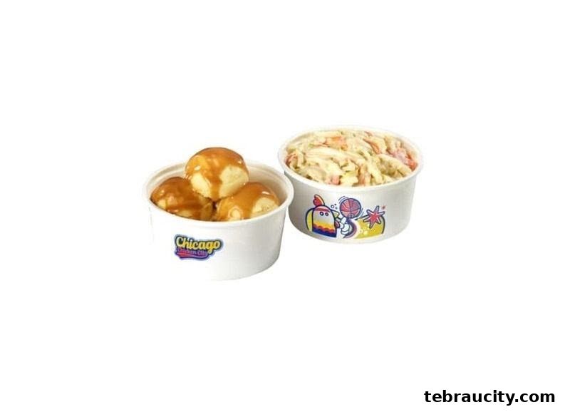 Two white containers, one with caramel-topped items and the other with coleslaw, branded Chicago Chicken City.