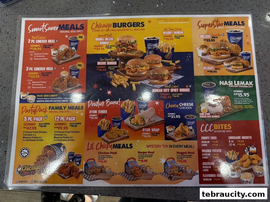 A menu from Chicago Chicken City featuring various chicken meals, burgers, and sides.
