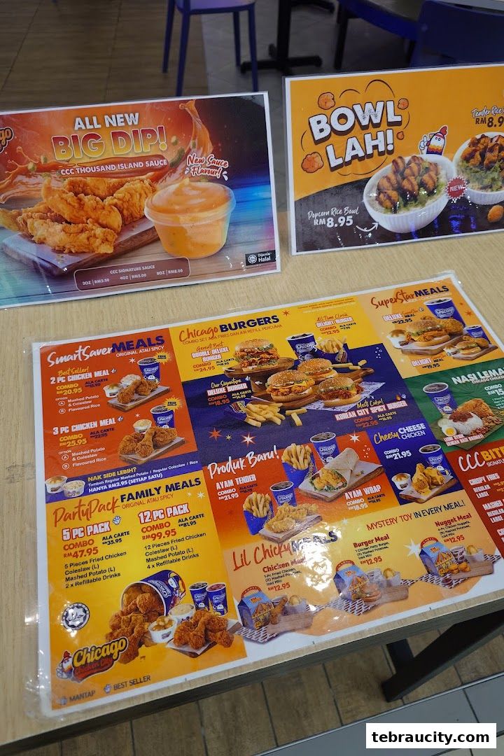 A menu from Chicago Chicken City featuring various chicken meals, burgers, and family packs.