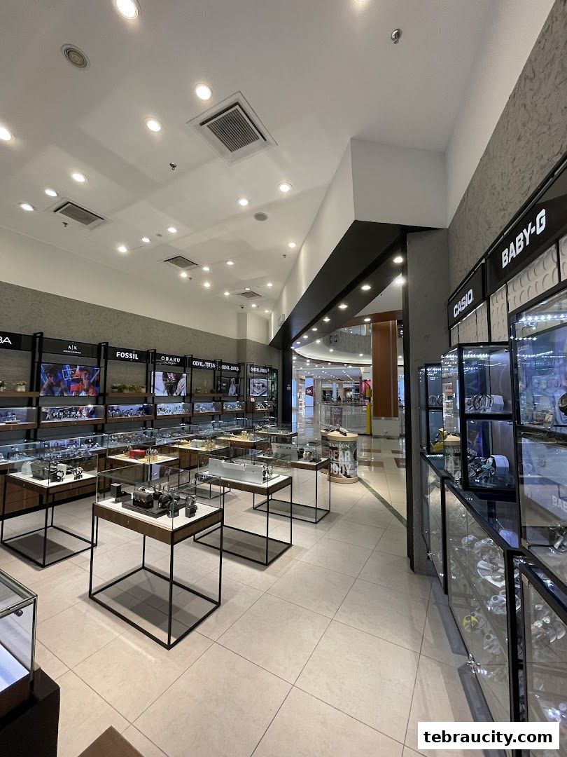 Interior view of a modern watch store showcasing various brands and display cases.
