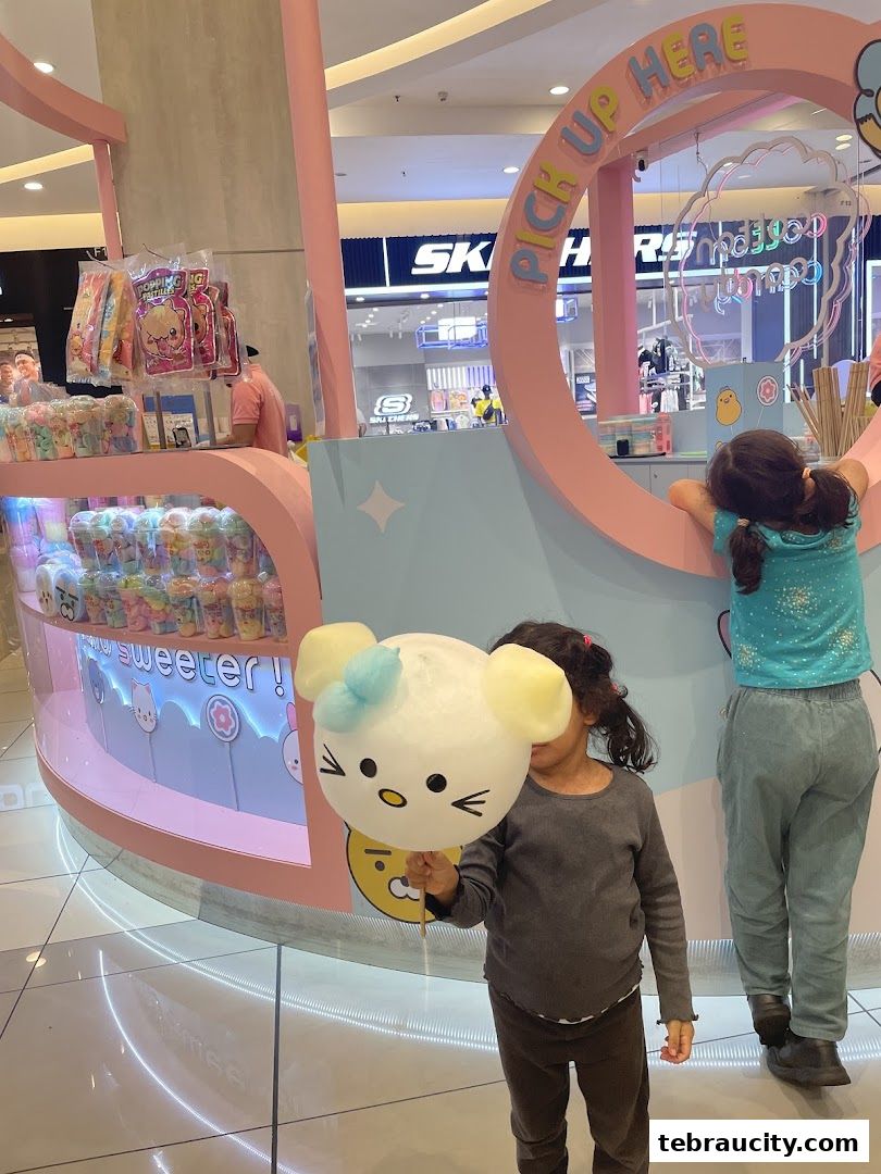 A child holds a character-shaped cotton candy in front of a colorful candy shop.