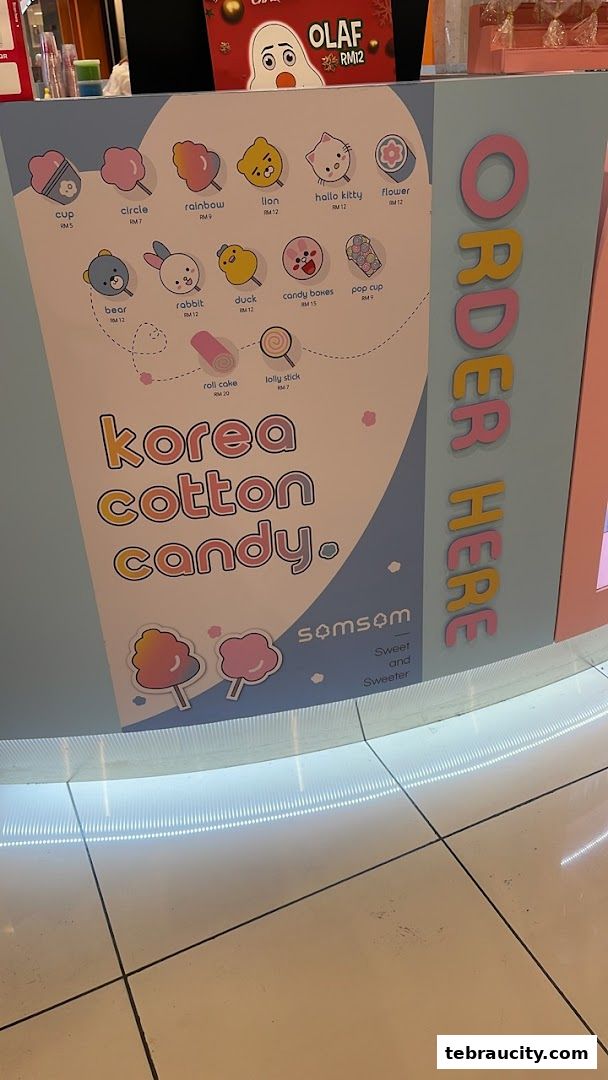 A menu board displaying various shapes and flavors of Korean cotton candy with prices.